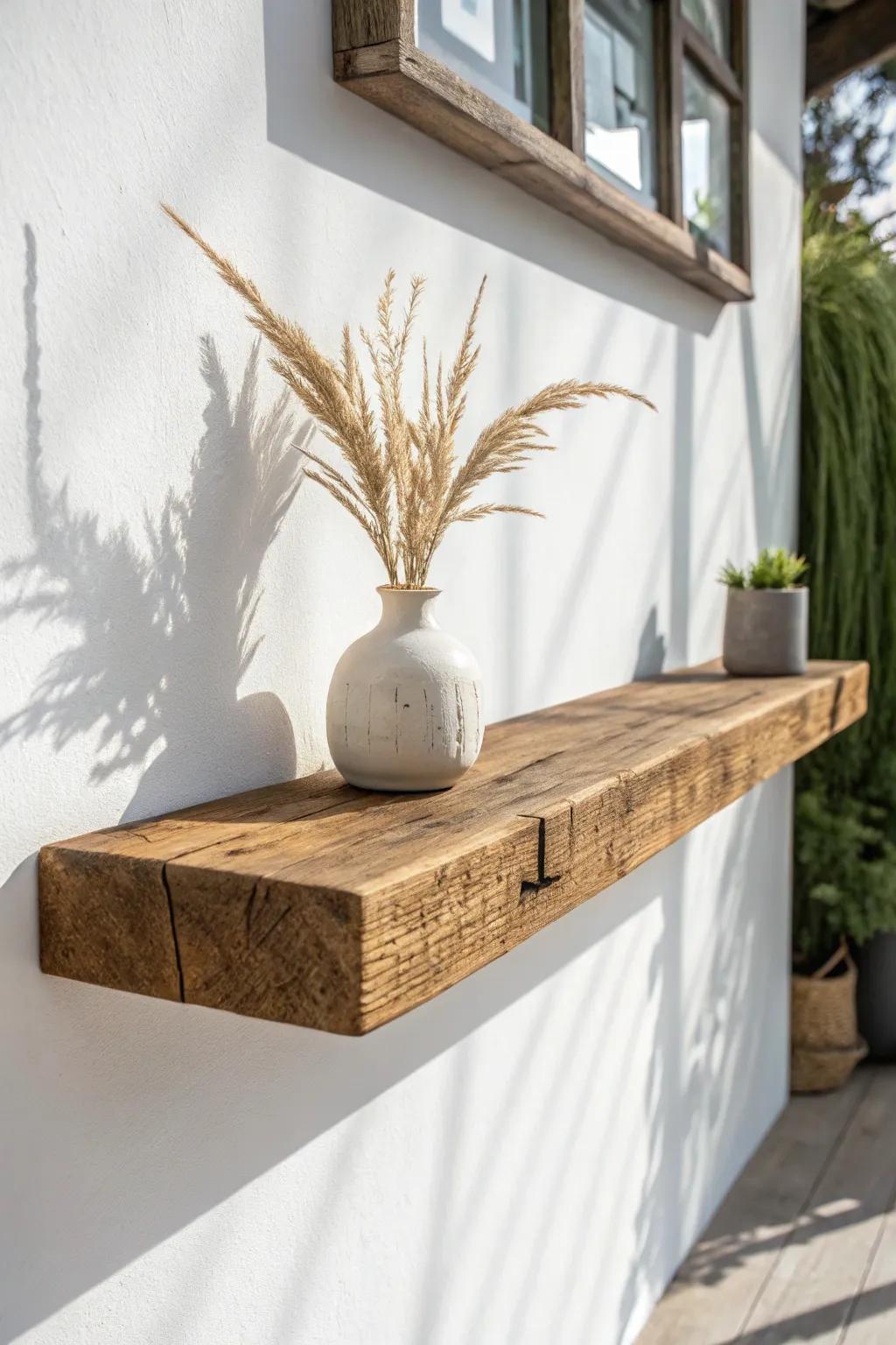 Rustic floating shelf DIY: chunky reclaimed wood, clean lines, and a cozy farmhouse finish.