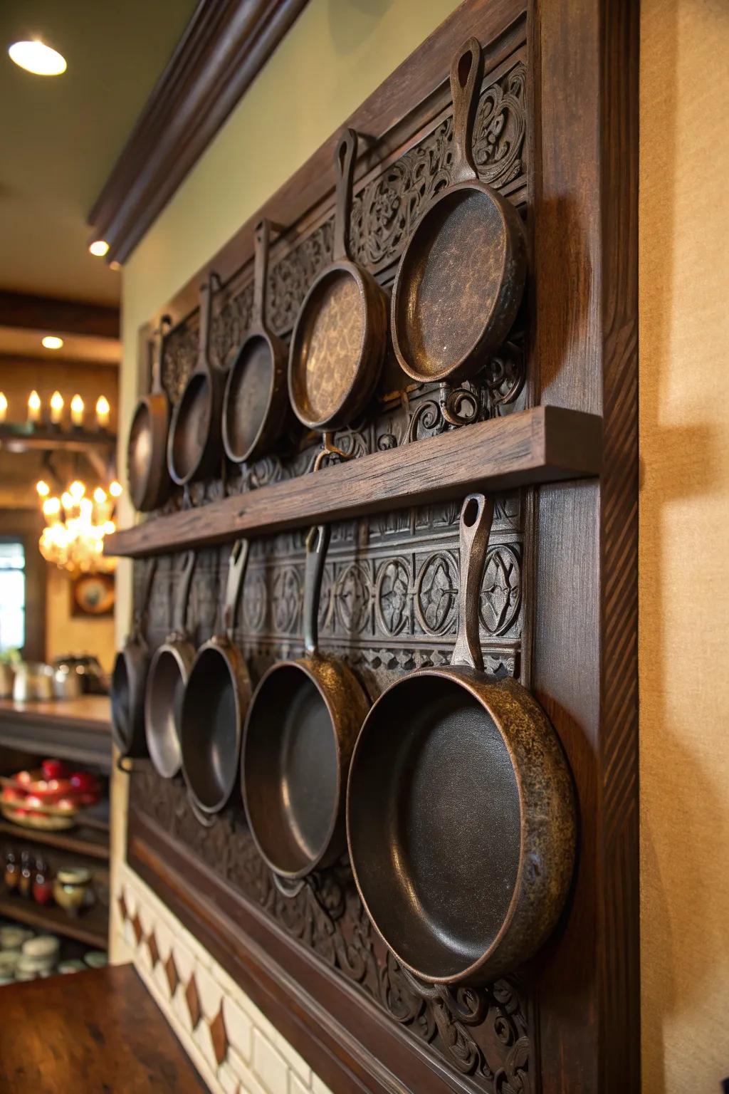 Transform your kitchen into an artful space with a handcrafted wall-mounted rack for your cast iron collection.