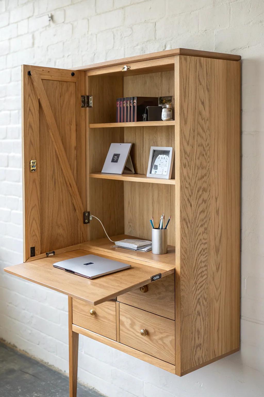 Classic fold-down Murphy desk cabinet—light oak, hidden shelf storage, clean Scandinavian lines.
