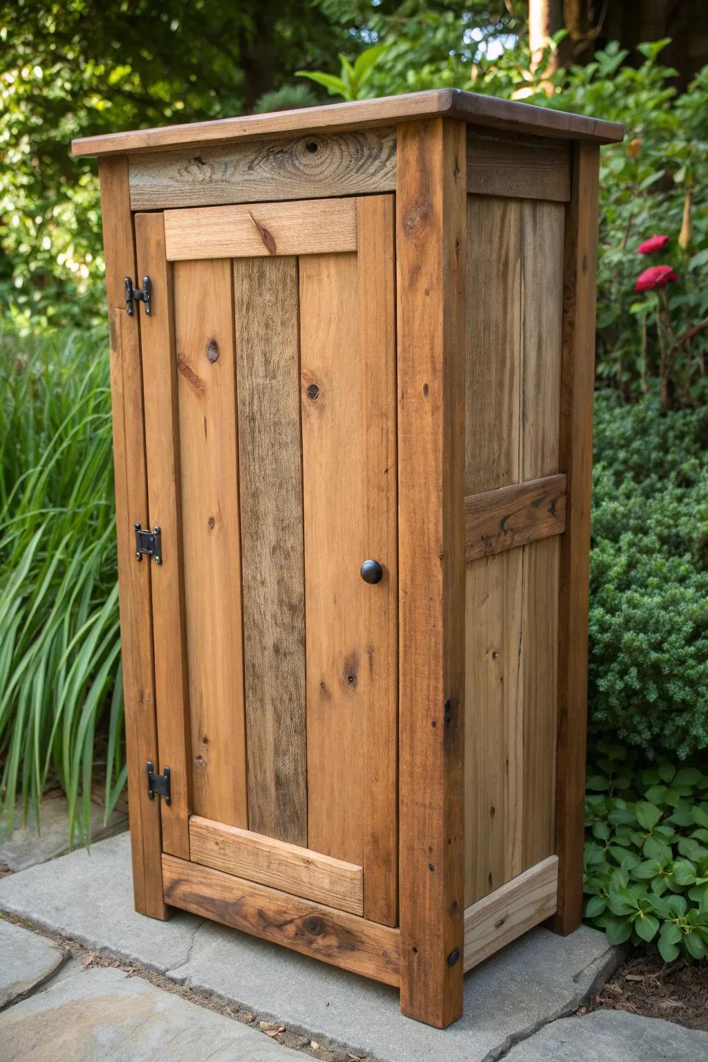 Embrace rustic charm with these stunning reclaimed wood cabinet doors, perfect for any outdoor setting.
