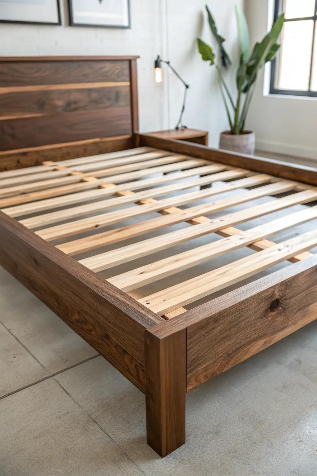 Simplicity meets craftsmanship: A minimalist wooden platform bed frame crafted from 2x4 lumber.