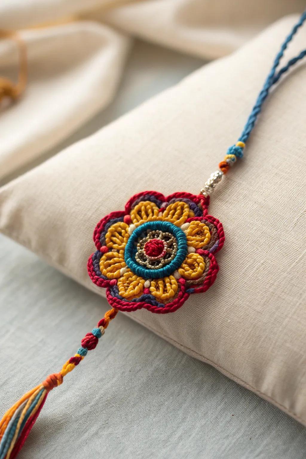 Craft your own vibrant masterpiece with colorful thread weaving for a stunning and personal rakhi touch.