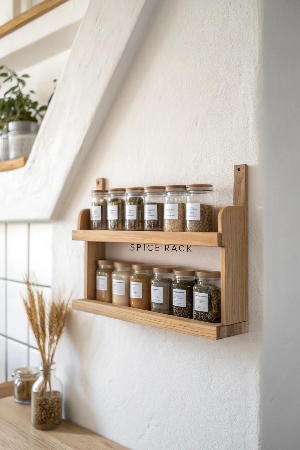 Minimal oak wall spice shelf with dowel rail—quick DIY that keeps jars neatly in place.