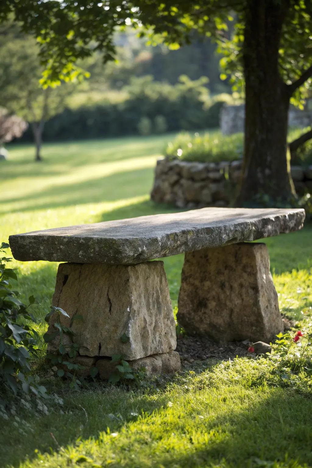 Embrace rustic charm with this simple, handcrafted stone slab bench.