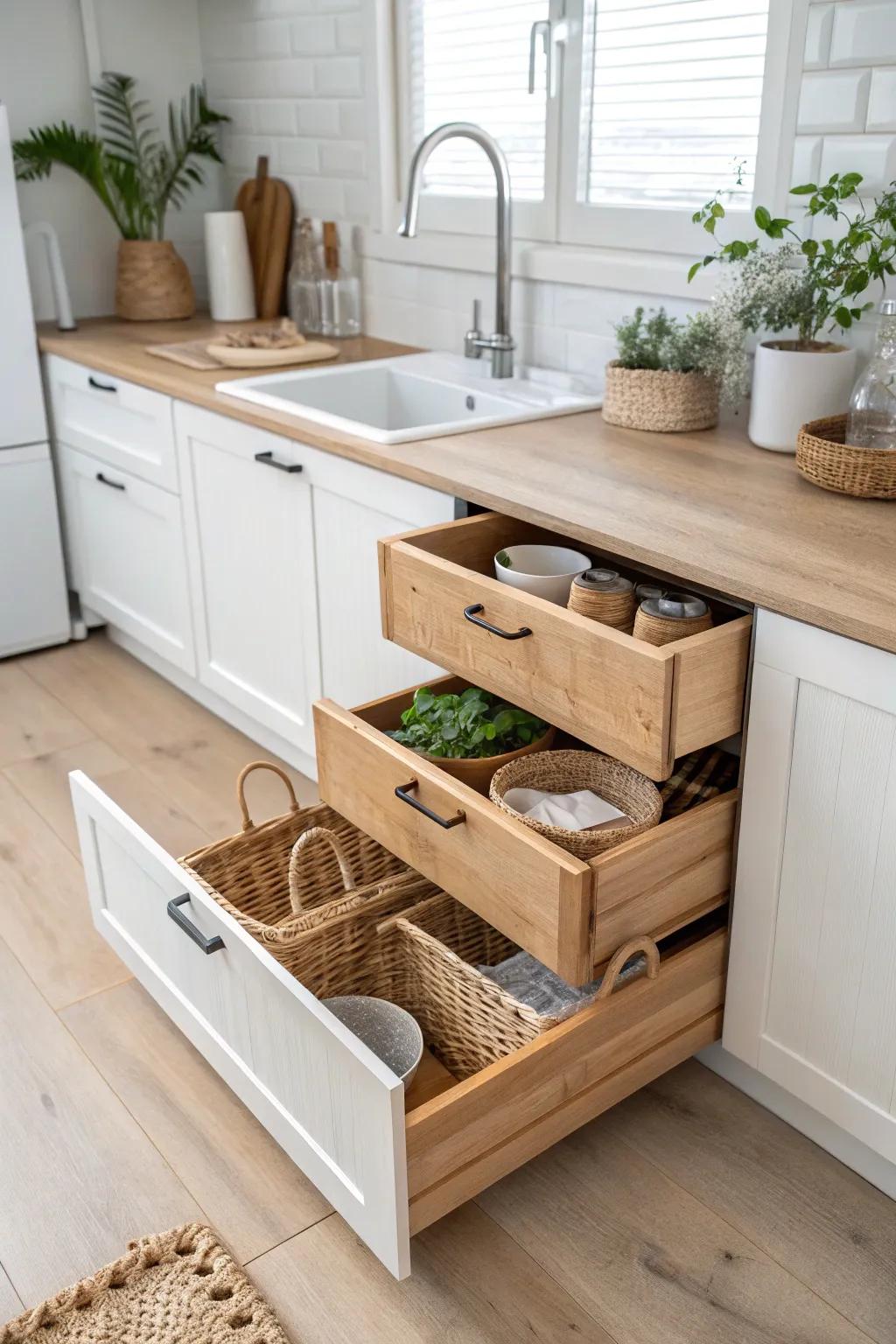 Unlock hidden treasures with stylish pull-out drawers for your under-sink storage!