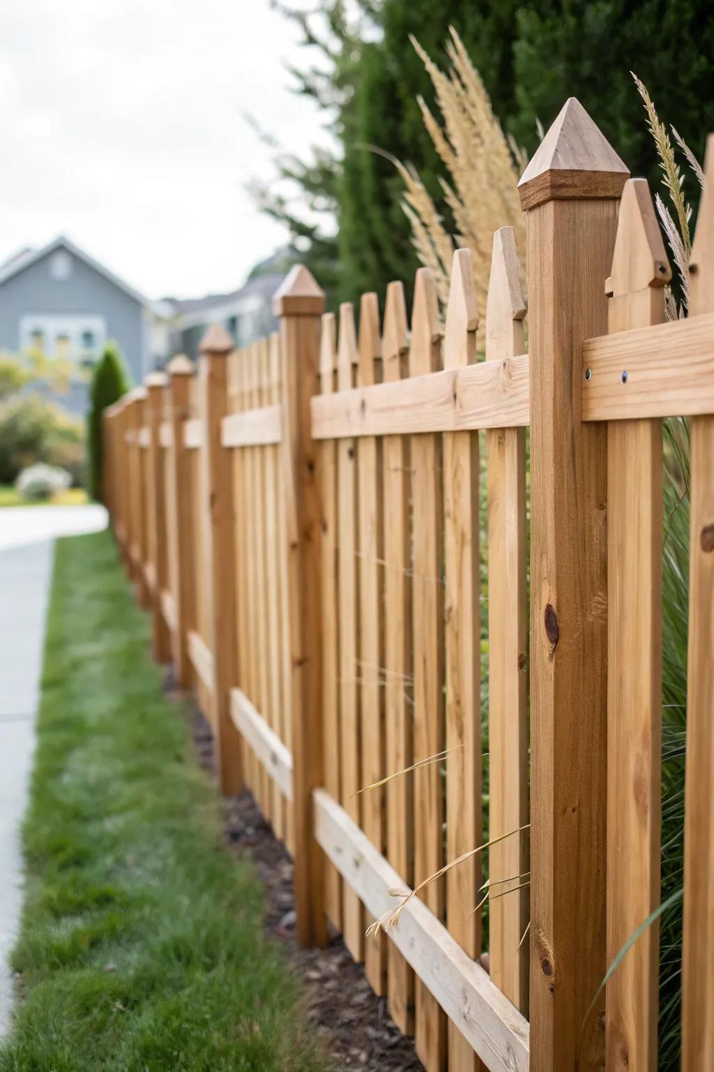 Classic cedar picket fence—tight spacing, warm grain, and timeless style for dog-friendly yards.