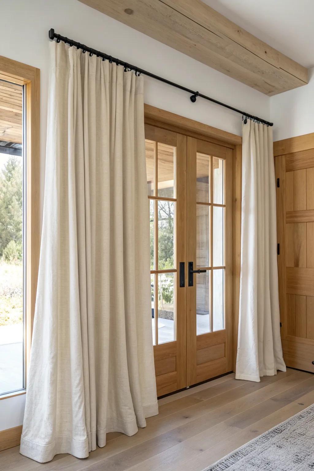 Soft linen drapes on a slim rod add instant privacy—without blocking the door handle.