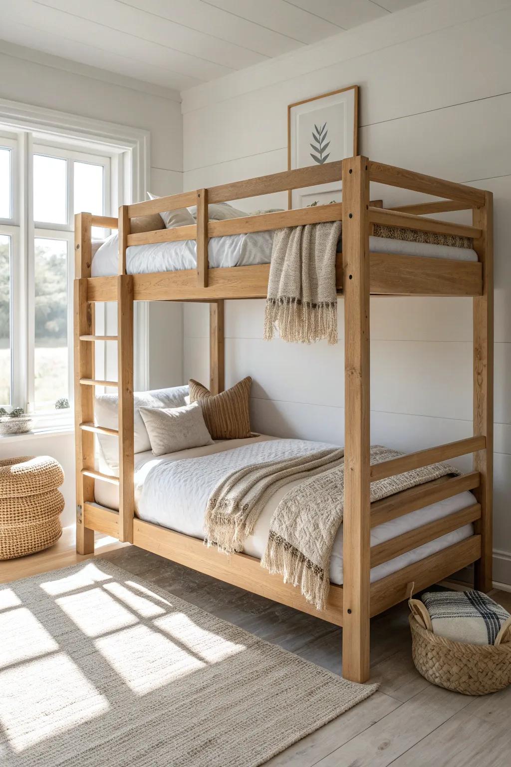 Simple twin-over-twin bunk in solid oak—clean lines, sturdy guardrails, airy Scandi calm.