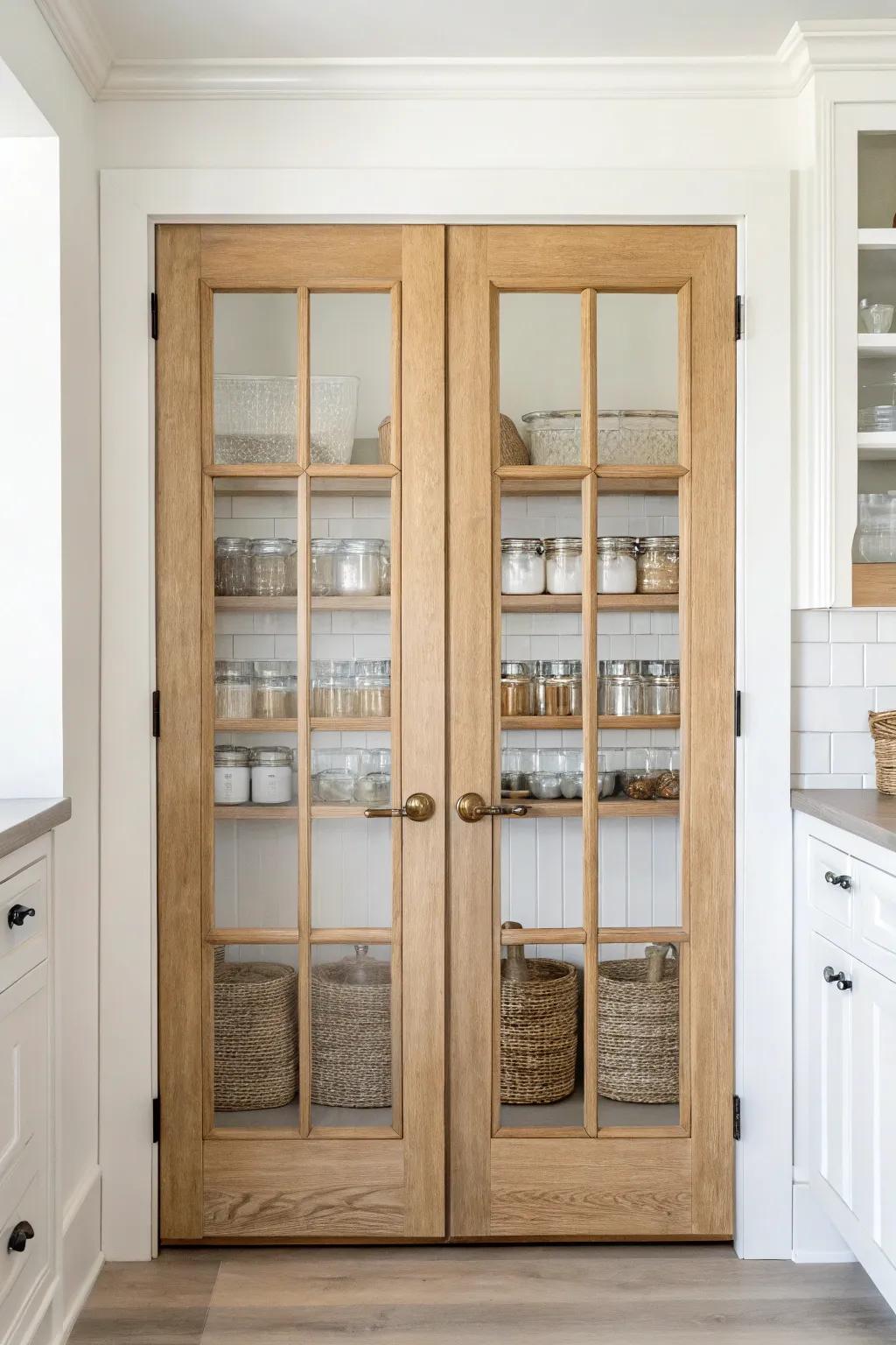 Classic French glass double doors turn a tidy pantry into airy kitchen décor—effortlessly.