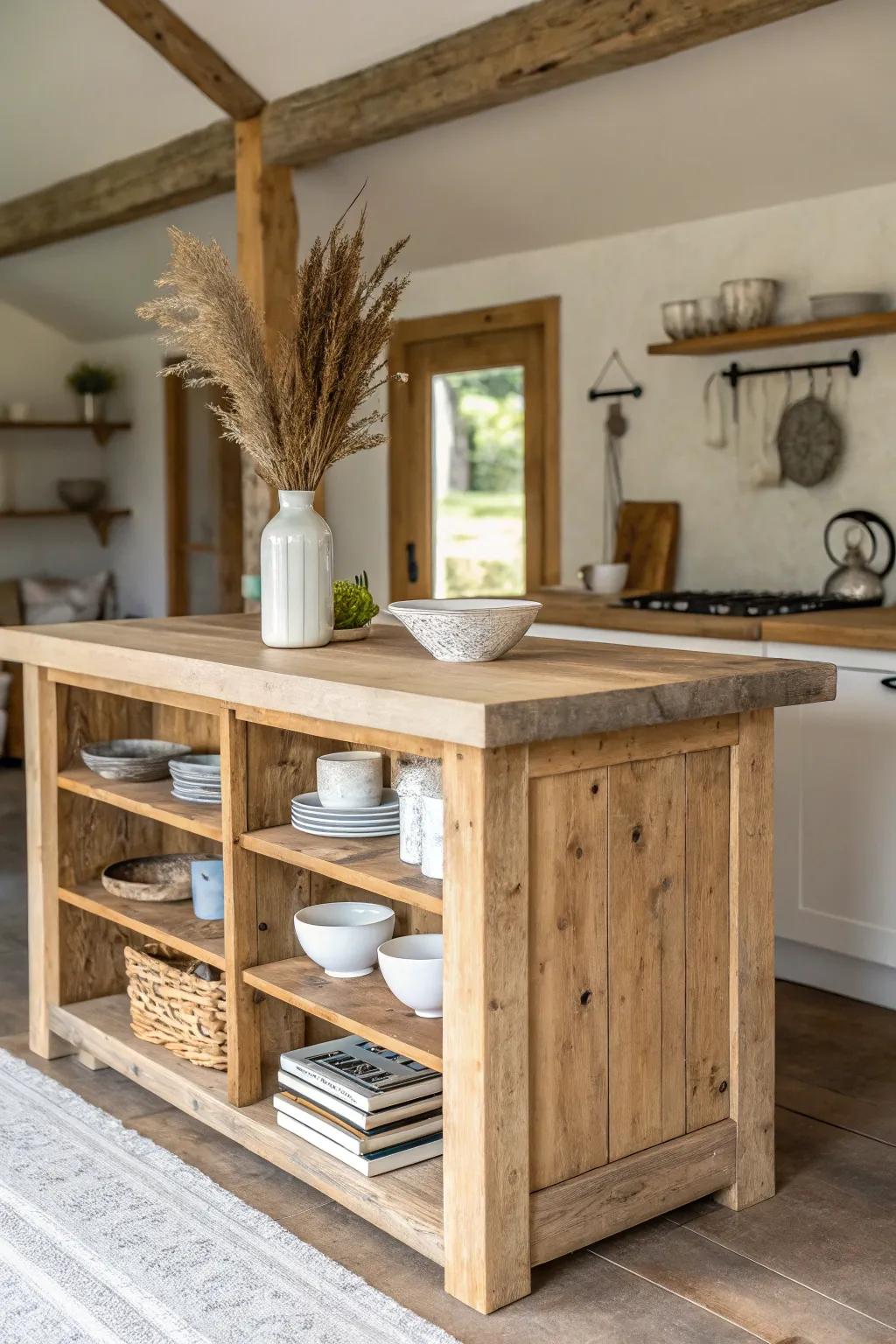 Reclaimed-wood island anchors an open-plan garage-to-ADU kitchenette with cozy minimal style.