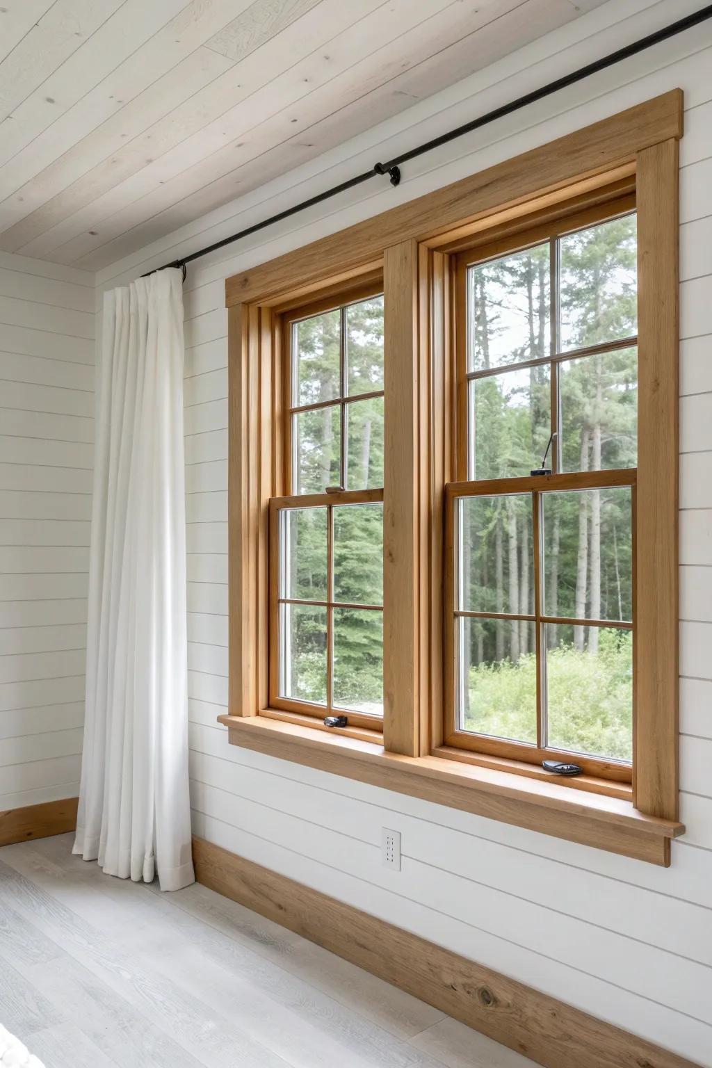 Classic Craftsman plank casing—wide boards and a bold header to unify double windows.