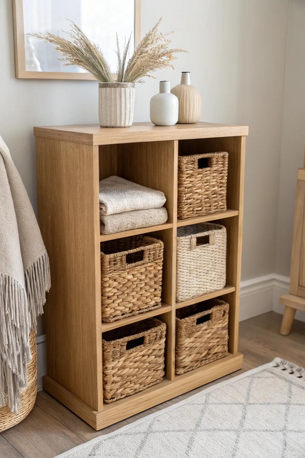 Cube cubby shelving + woven baskets: a tidy, airy dresser alternative with calm boho warmth.