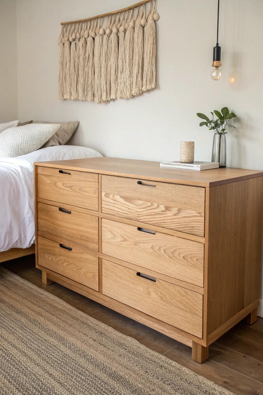A low-profile wood dresser at mattress height makes the foot of the bed feel calm and intentional.