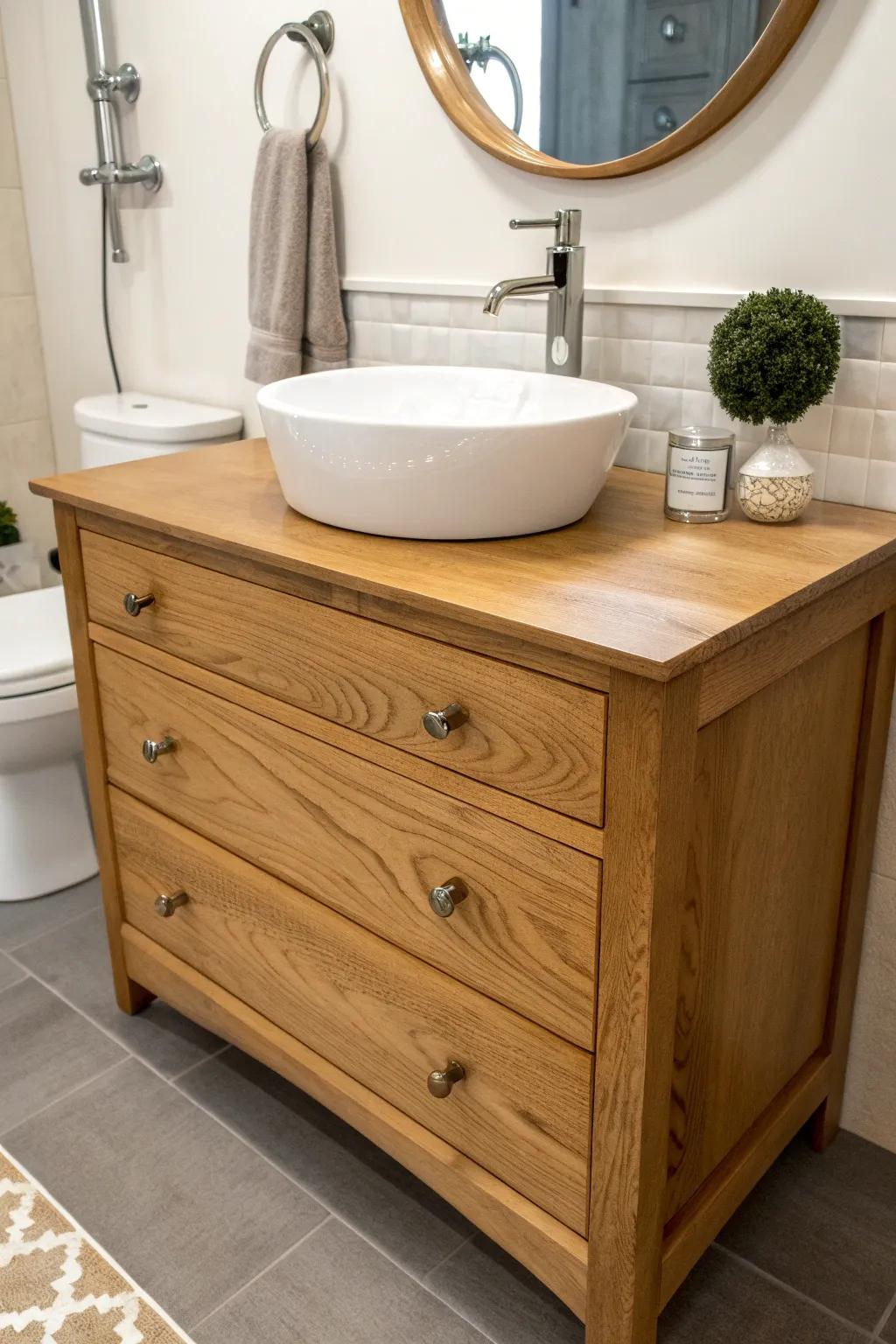 Classic dresser vanity with a drop-in sink—sealed wood for timeless style and durability.