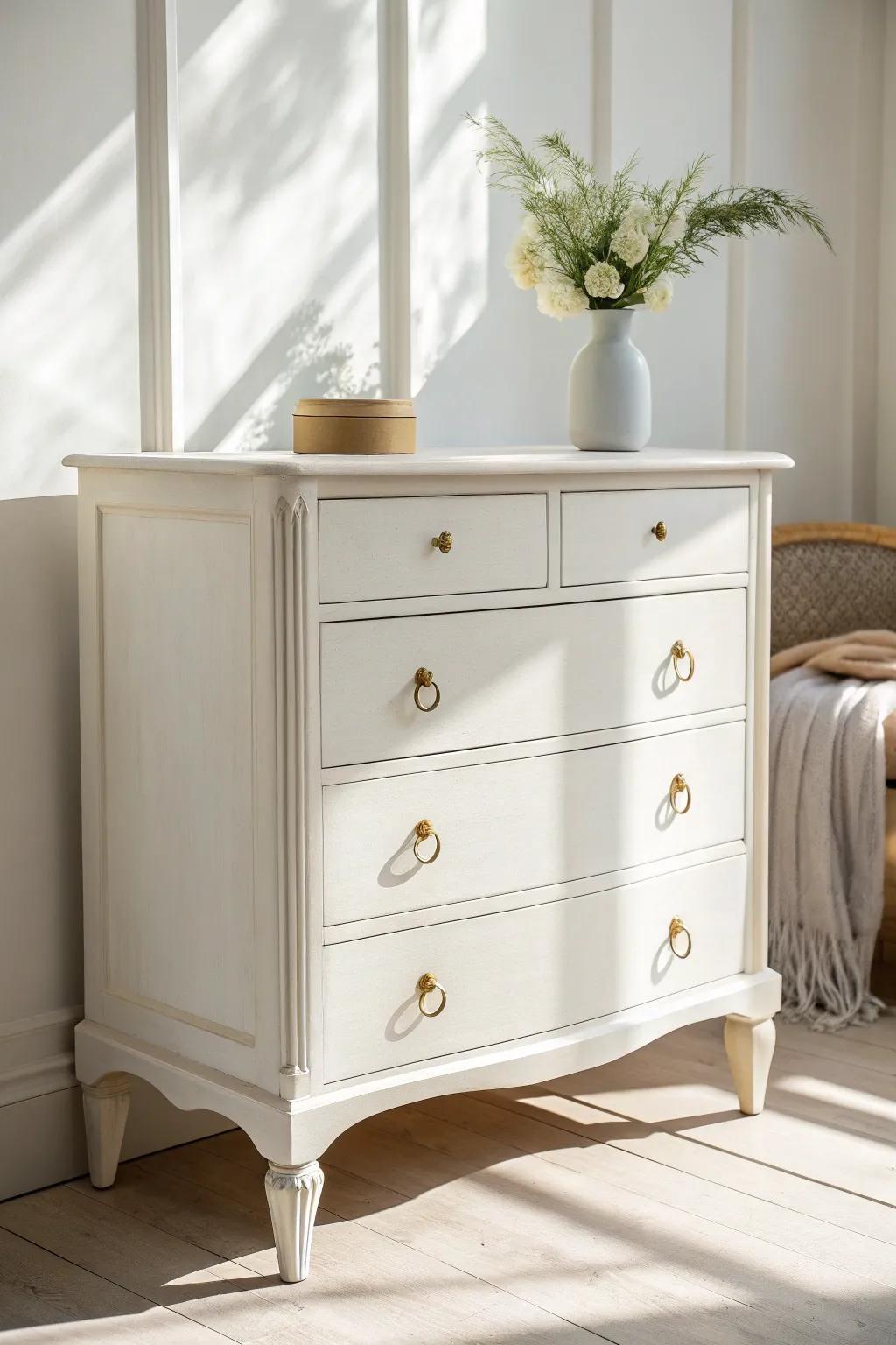Crisp white dresser paint brightens the room—clean, airy, and vintage details pop.