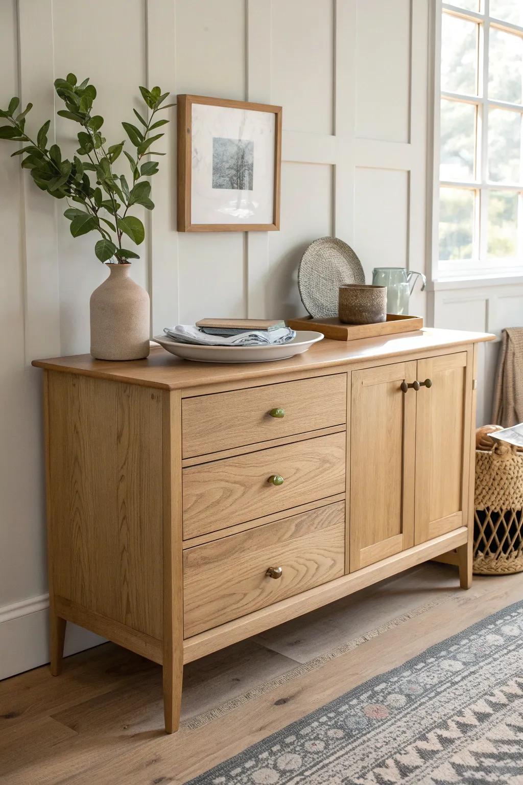 Classic oak buffet dresser: extra serving space on top, napkins and tools tucked neatly inside.