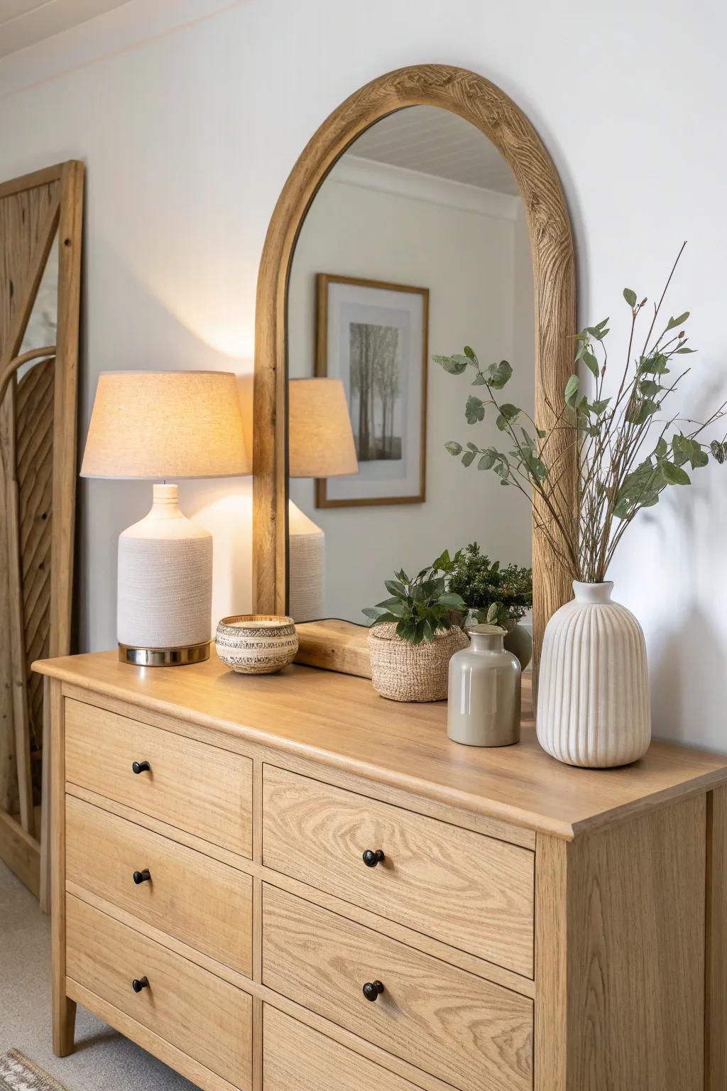 A warm lamp glow and simple greenery make your dresser mirror feel styled, calm, and cozy.
