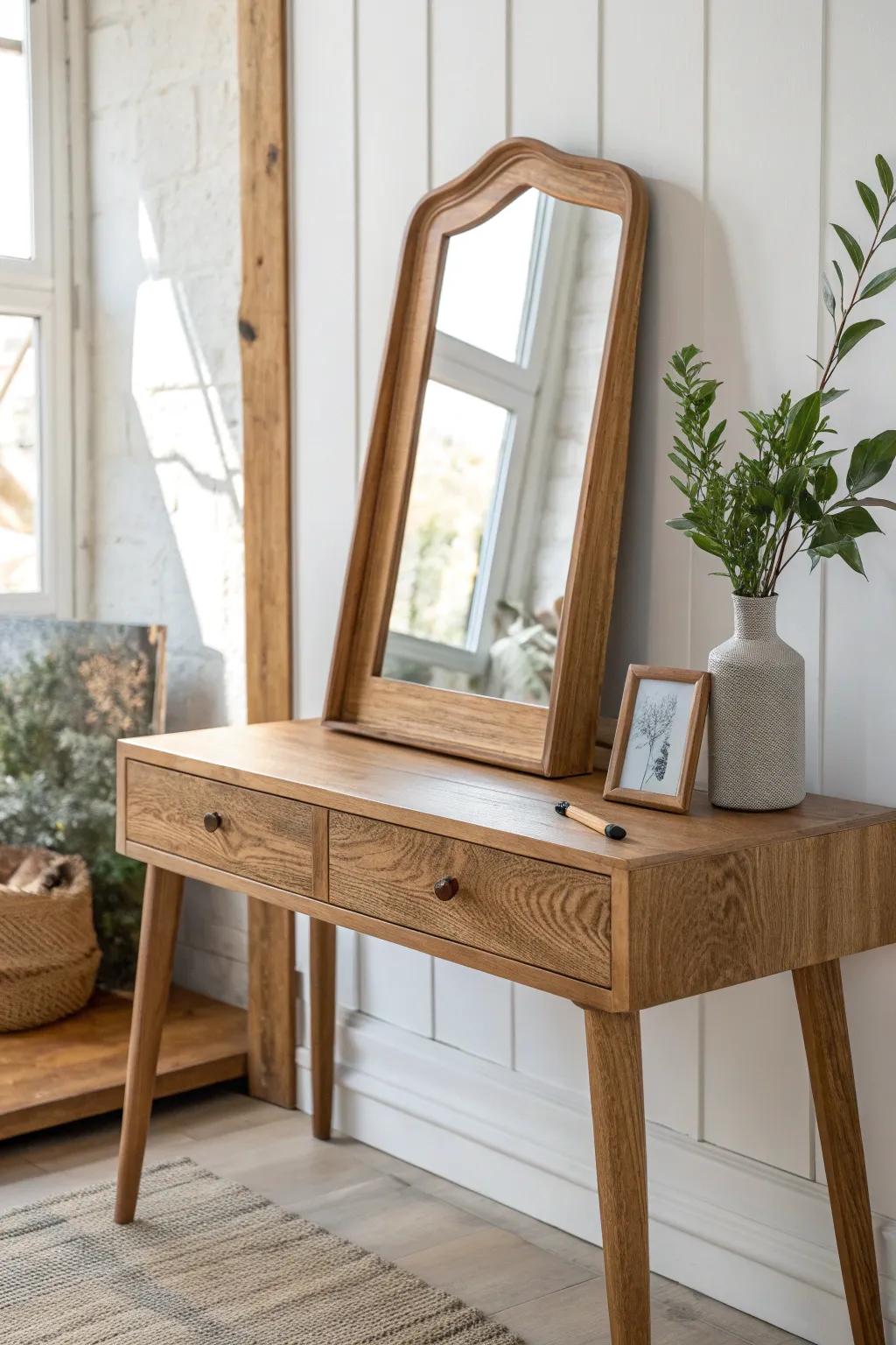 A statement scrap-wood vanity mirror that instantly elevates your dressing table—minimal, warm, chic.