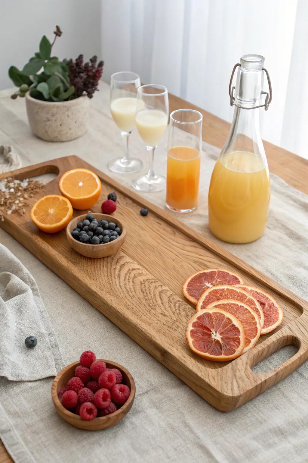 Classic mimosa brunch board: bubbly, citrus wheels, and tidy ramekins on warm oak.