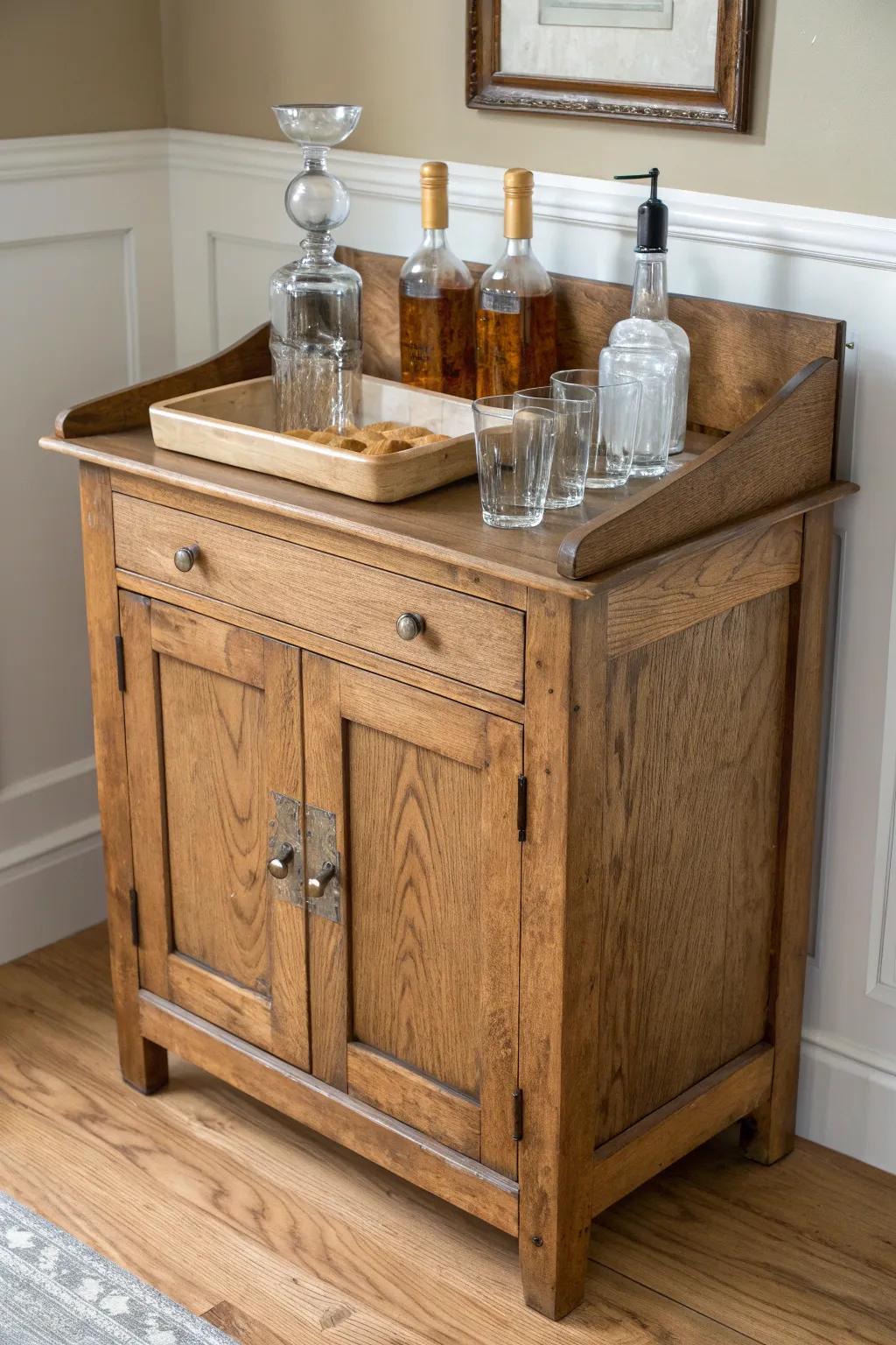 A waxed-wood dry sink becomes a cozy rustic bar—simple tray, glassware, and warm grain.