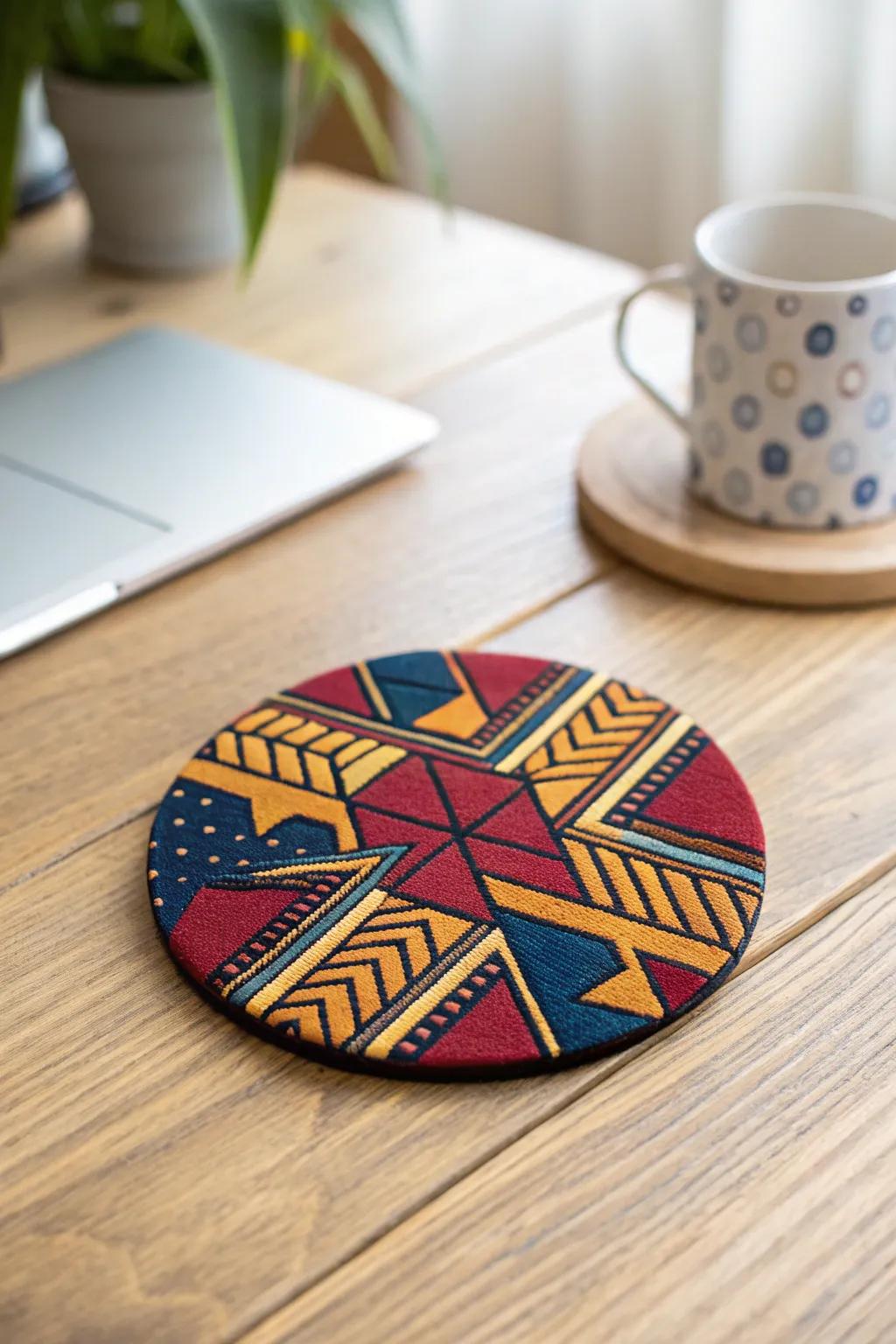 Add a splash of color to your space with a handcrafted geometric coaster, celebrating the vibrant artistry of African textiles.