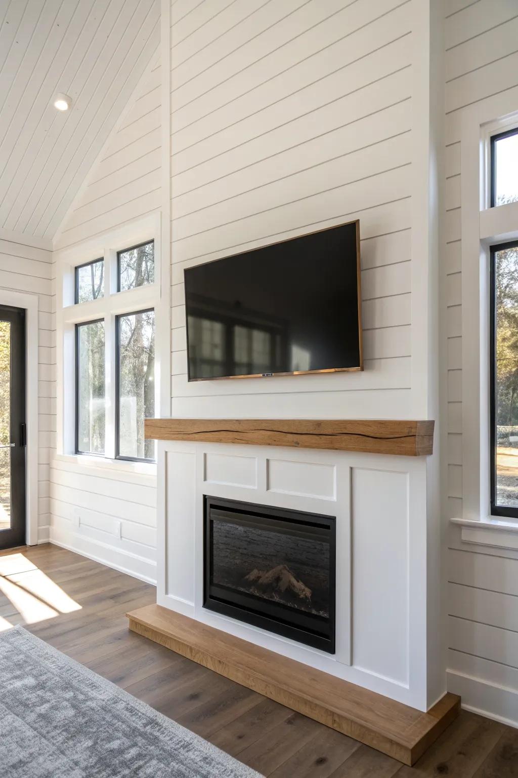 Crisp white shiplap media wall with a centered electric fireplace for an effortless built‑in look.