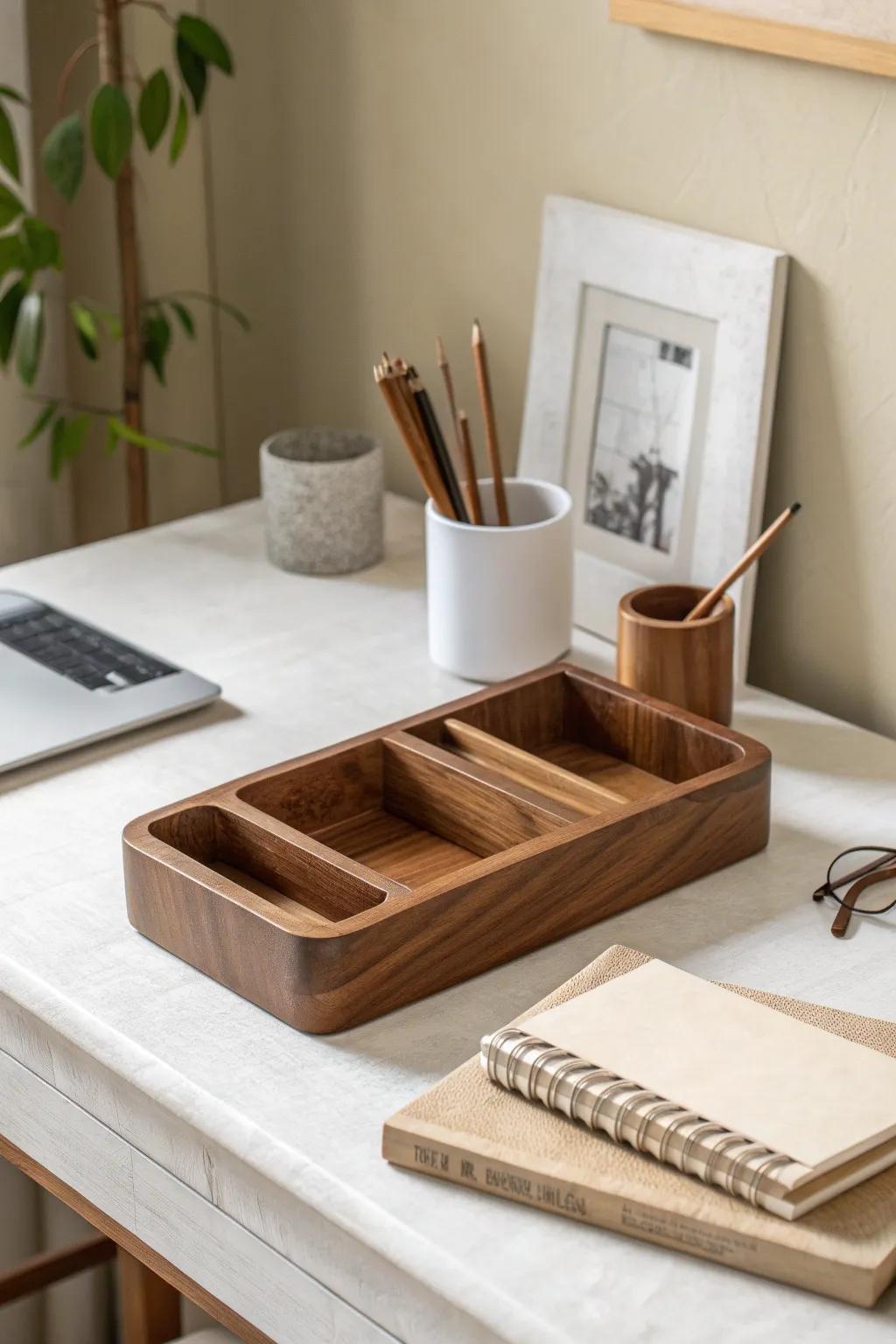 Soft neutral tones let warm walnut grain steal the show—calm, minimal, and quietly luxurious.