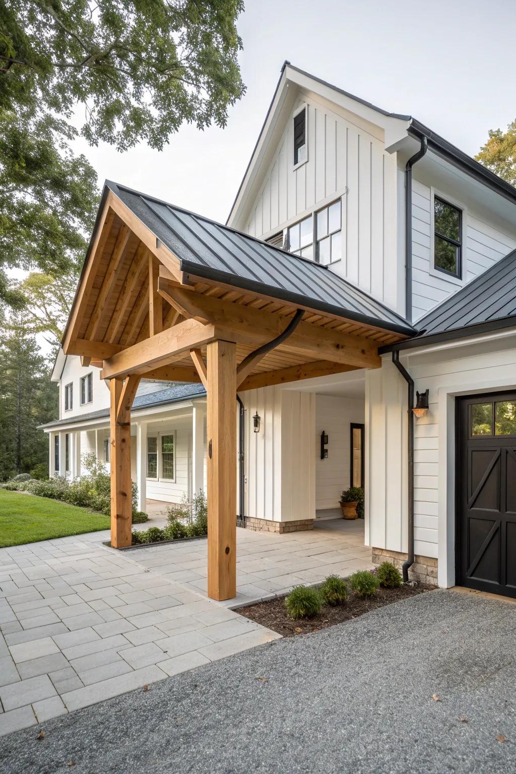 Classic gable-roof breezeway in warm timber—crafted to match the home and garage roofline.