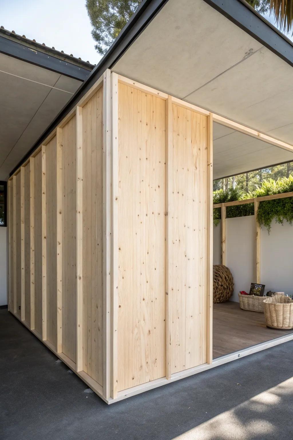Stud-framed 2x4 wall with clean plywood siding—an easy way to enclose a carport like a garage.