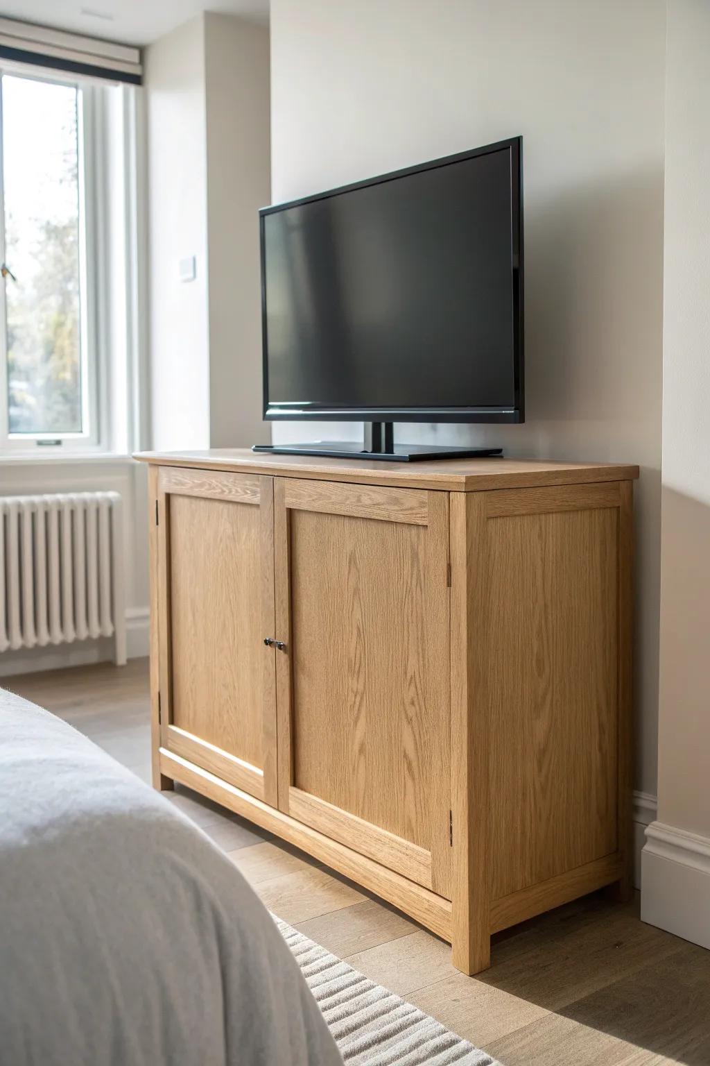 A classic oak TV lift console: clean, clutter-free, and beautifully hidden when not in use.