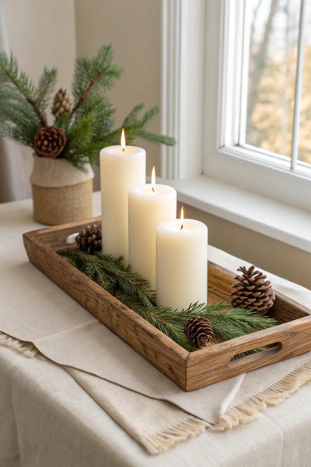 Oak tray with glowing pillar candles, evergreen sprigs, and pinecones for a cozy end table.