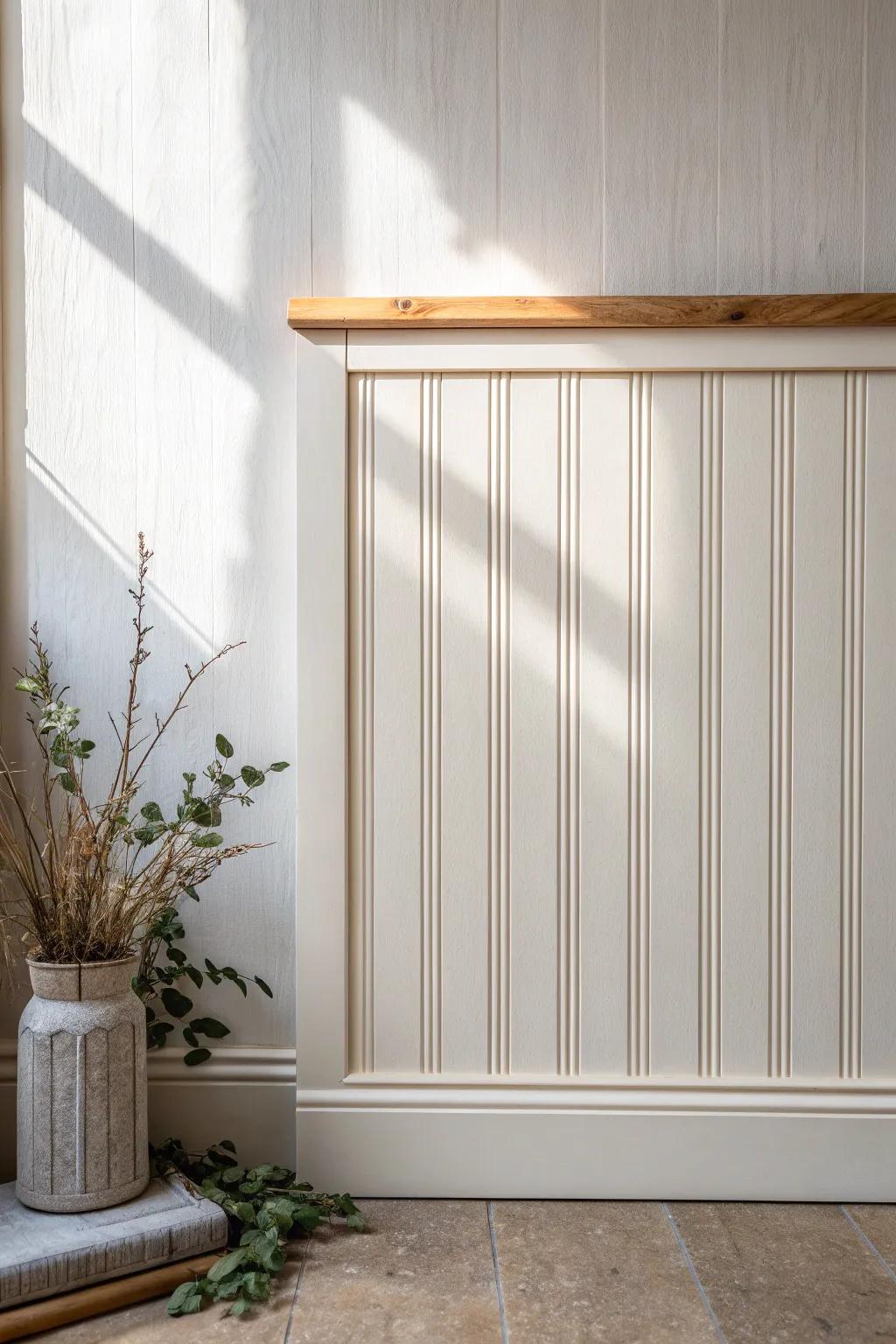 Creamy painted beadboard wainscoting with oak cap rail for instant English cottage charm.