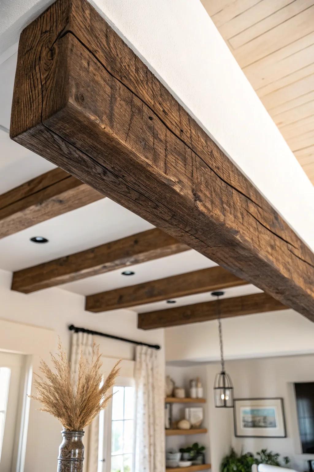 Chunky dark-waxed wood beams add instant English cottage charm—even when they’re faux.