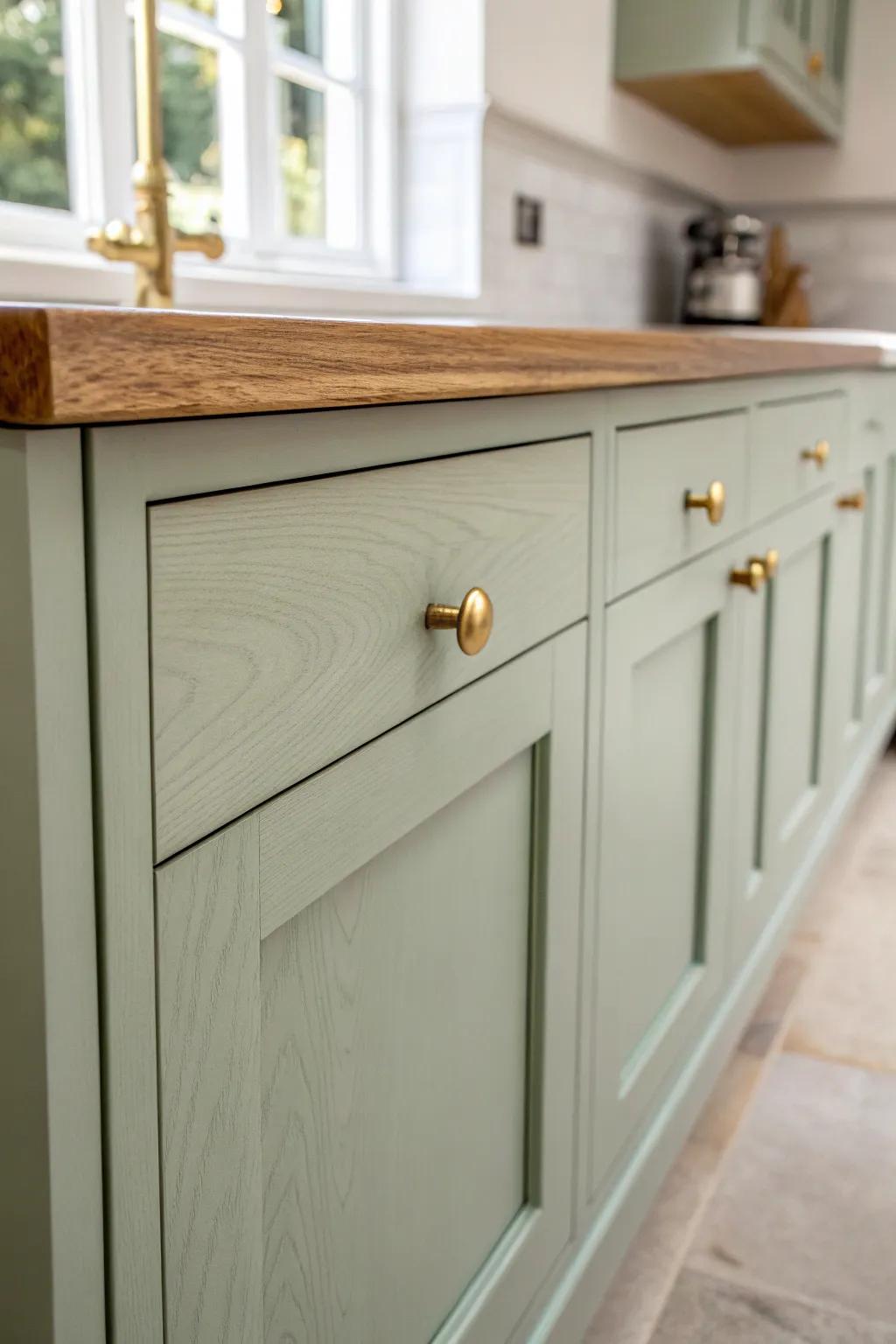 Dusty sage Shaker cabinets with warm oak accents—simple lines for instant cottage calm.