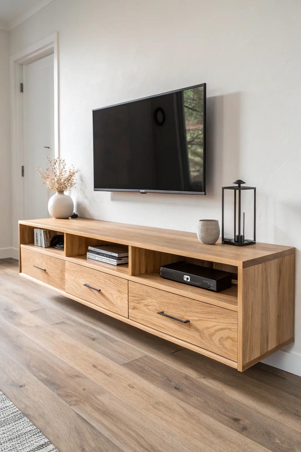 Slim floating oak console keeps the floor clear—small-space entertainment with airy, crafted style.