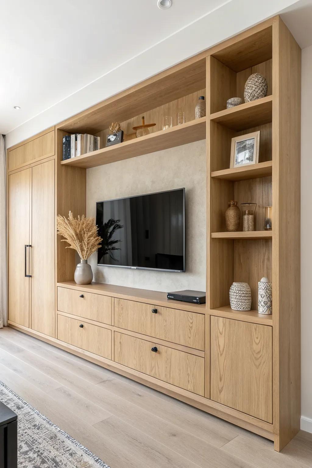 Floor-to-ceiling oak built-in surround with wall-mounted TV, hidden storage and airy shelves.