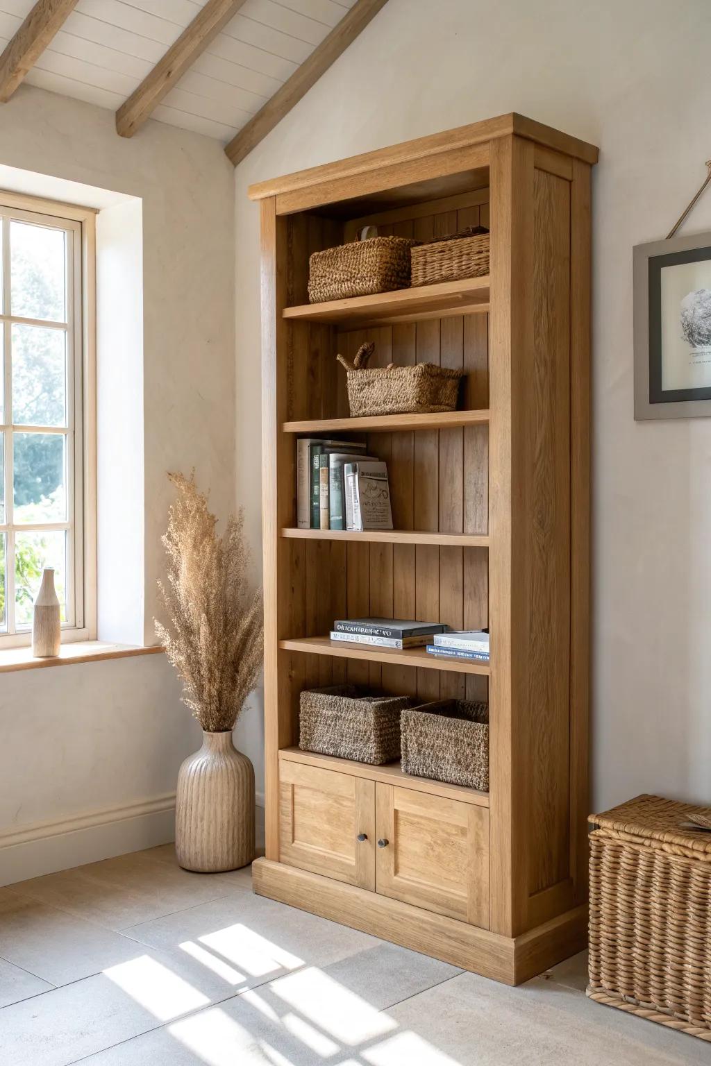 A floor-to-ceiling oak entryway bookcase that hides clutter with baskets and feels built-in.
