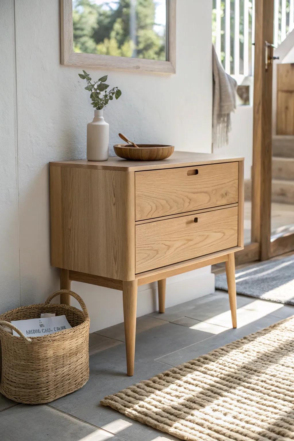 Slim oak console with handy drawers—keep keys and mail tucked away, entryway stays calm.
