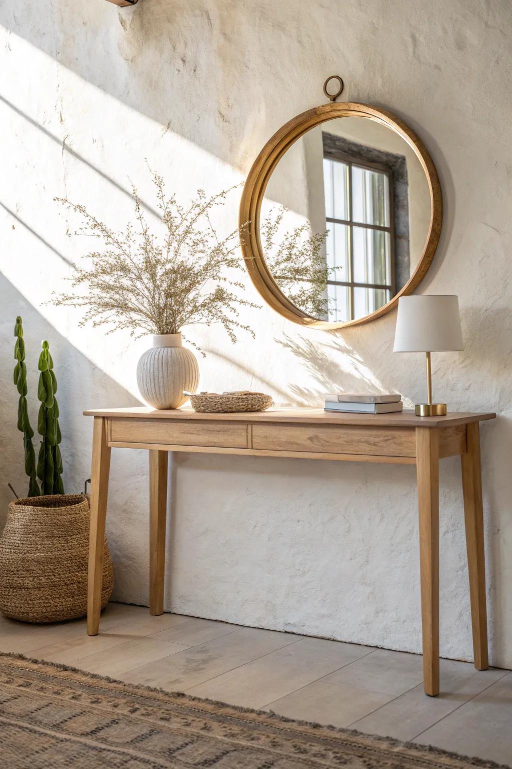 A centered round mirror above warm oak makes your entryway feel brighter, bigger, and intentional.