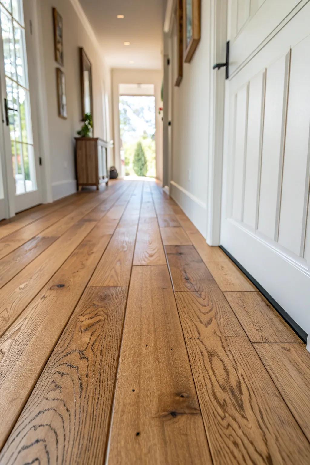 Classic sealed hardwood planks—warm, timeless entryway flooring with a durable satin finish.