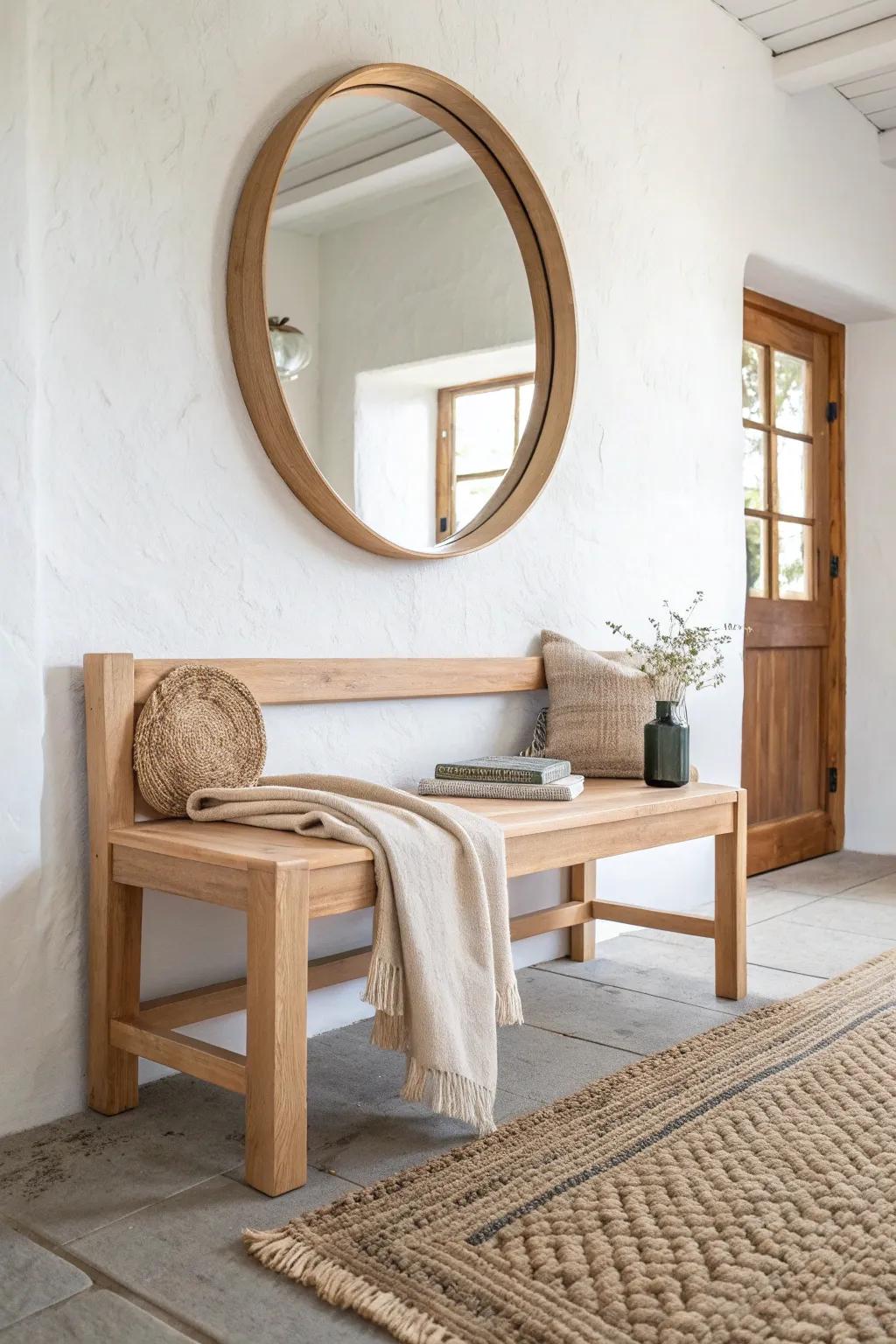A classic oak bench paired with an oversized mirror for a brighter, cozy entryway.