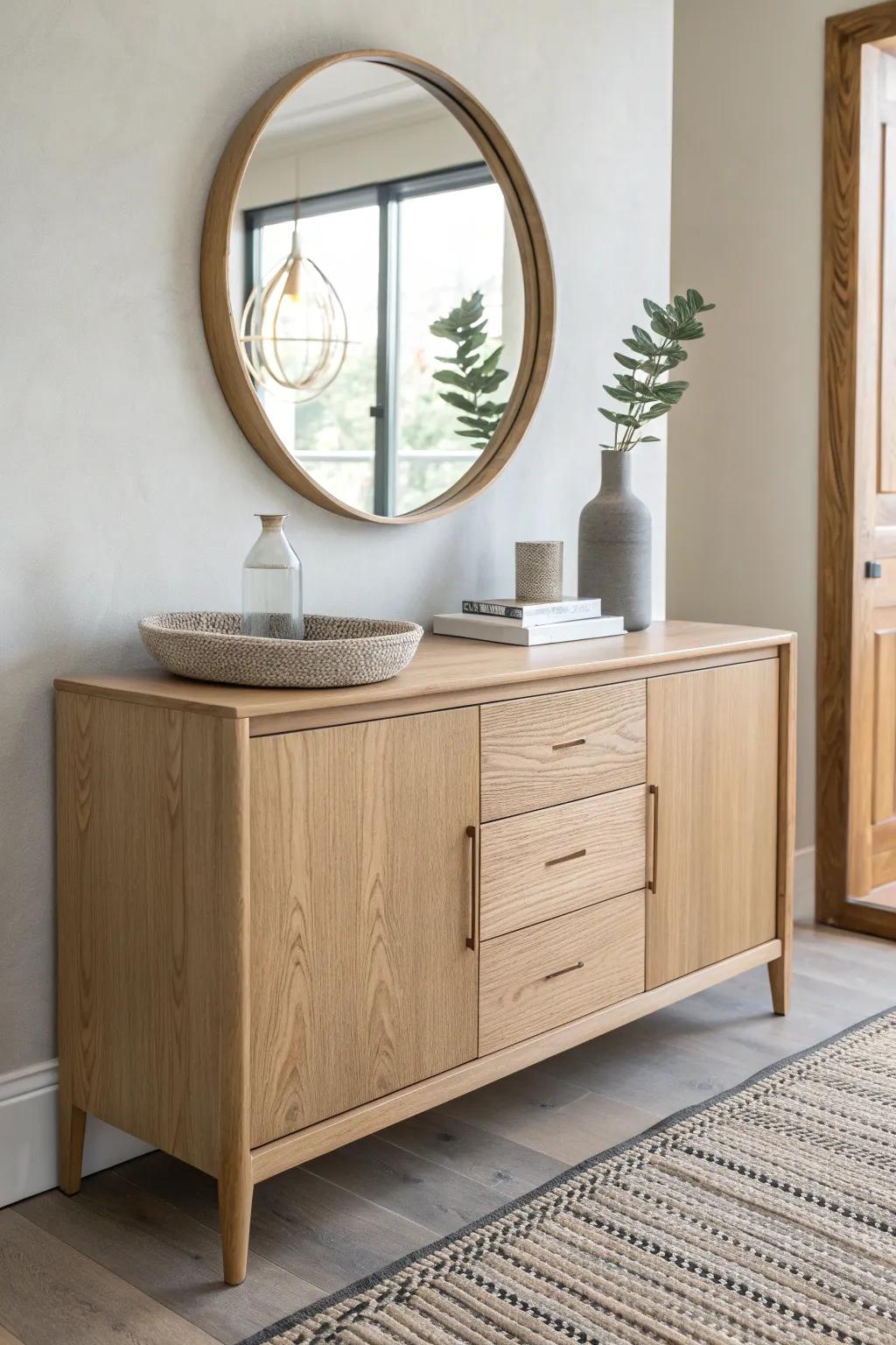 A mirror-over-sideboard classic: bright, simple, and a chic tray for keys at the door.