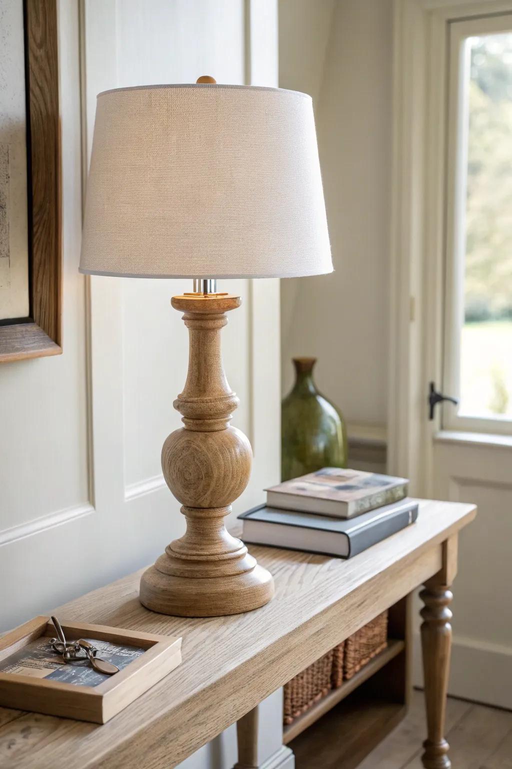 A classic oak lamp paired with a simple key tray—functional, calm, and beautifully minimal.