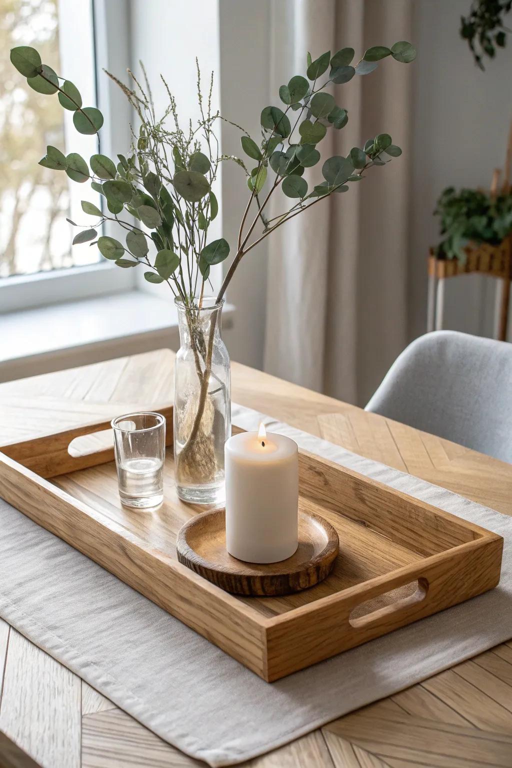 One-lift centerpiece: a wood tray with greenery in a glass vase and a single pillar candle.