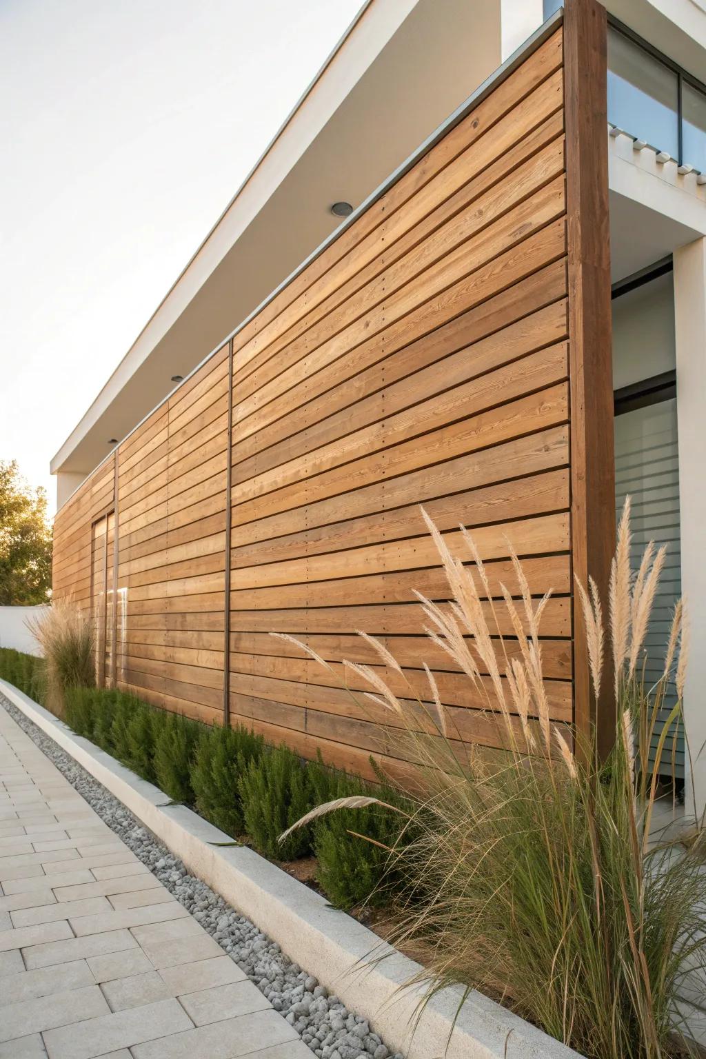 Classic horizontal wood slats add a calm, modern finish and visually widen any patio wall.