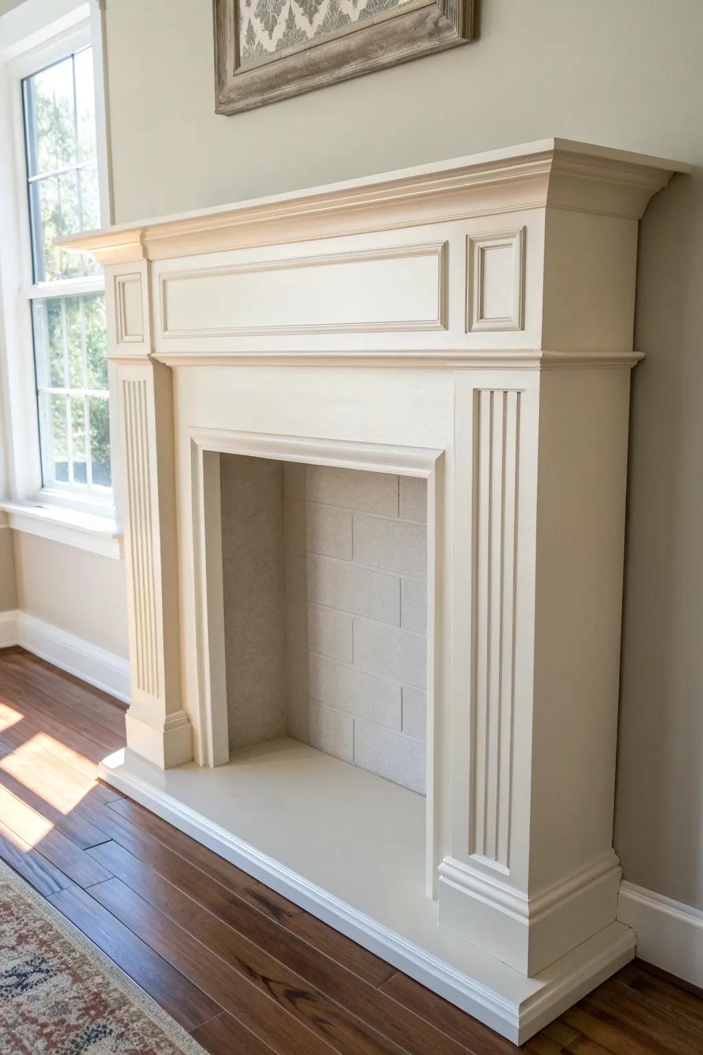 A timeless painted wood mantel surround—simple trim, soft white, instant faux fireplace focal point.