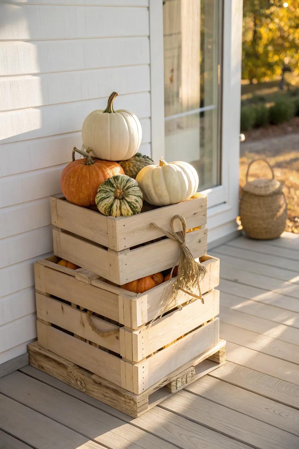 Stacked stained crates topped with pumpkins for a cozy, elevated porch harvest moment.