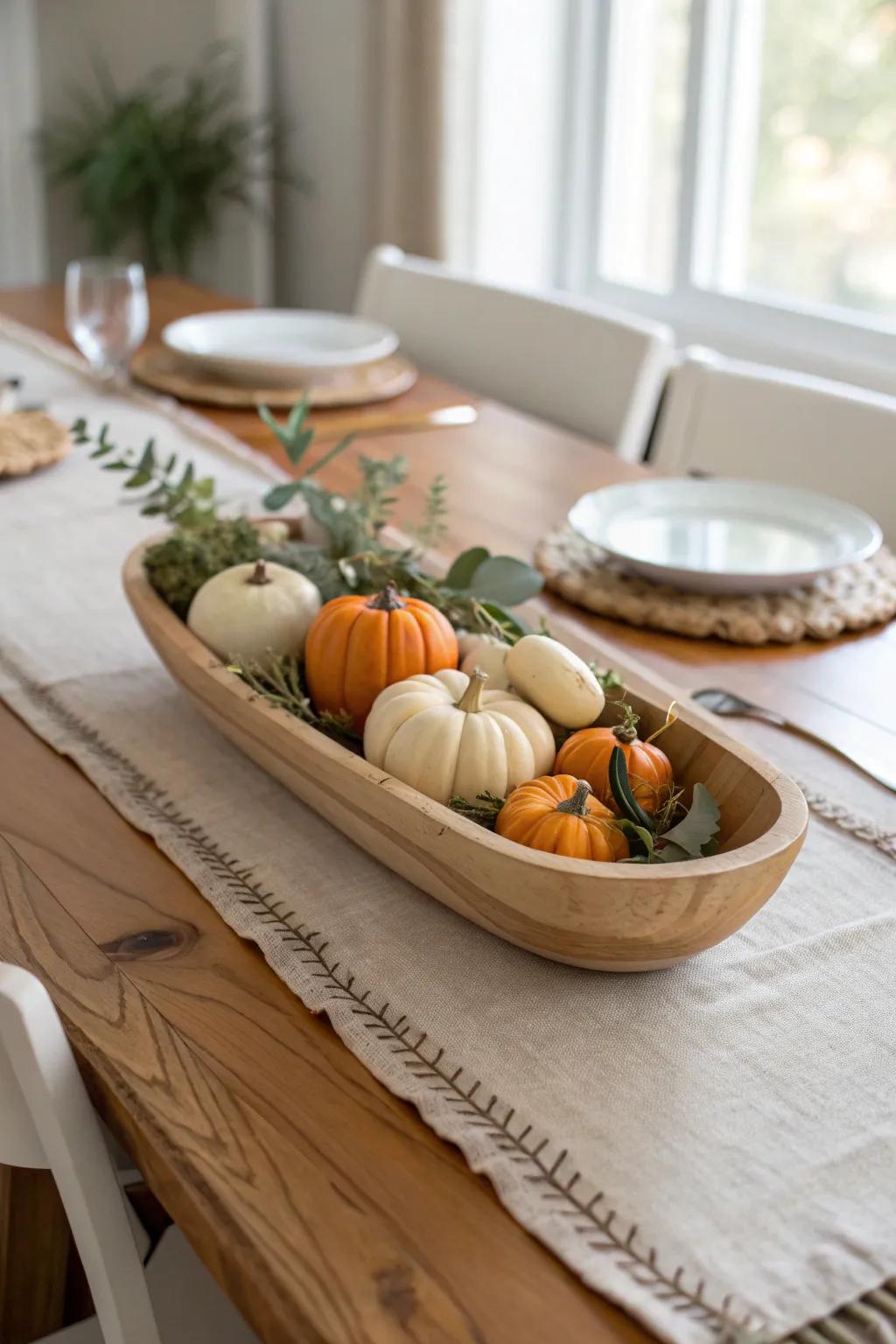 Wooden dough bowl centerpiece with pumpkins, gourds, and soft greenery—simple fall charm.