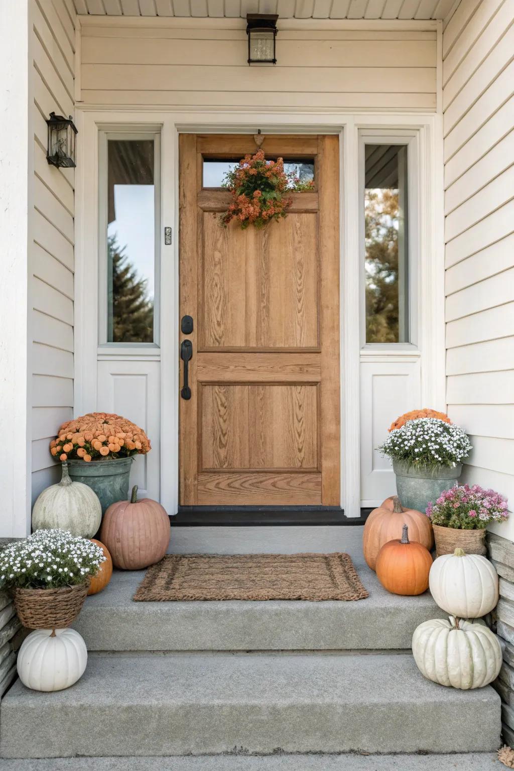 Symmetrical pumpkins and mums for a cozy, pulled-together fall entryway moment.