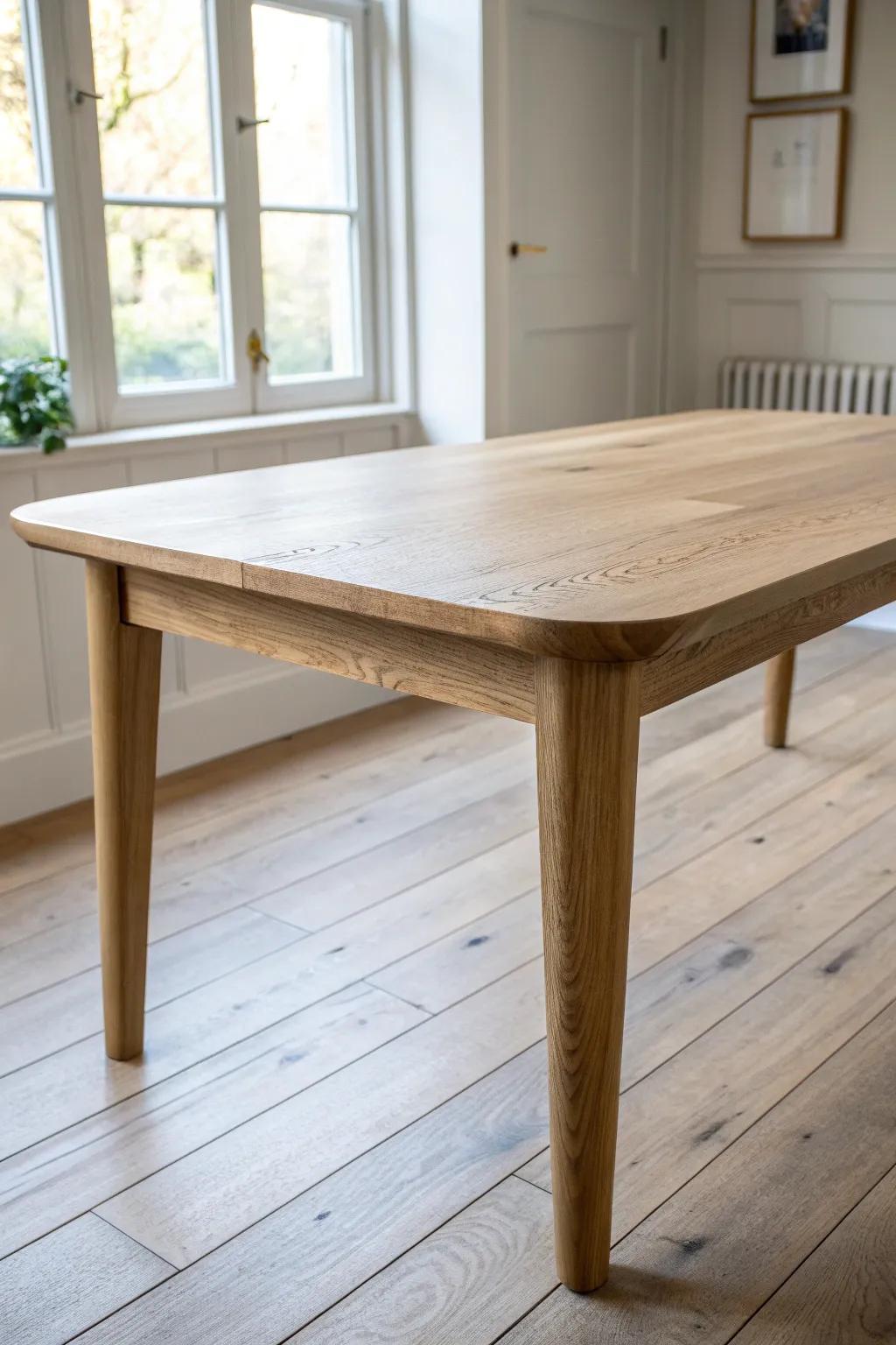 A thick solid-wood dining table with a forgiving matte finish—built for everyday family life.